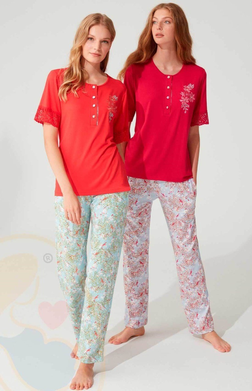 Feyza Yazlık Kısa Kol Nar Çiçeği Kadın Pijama Takım