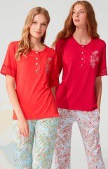 Feyza Yazlık Kısa Kol Nar Çiçeği Kadın Pijama Takım