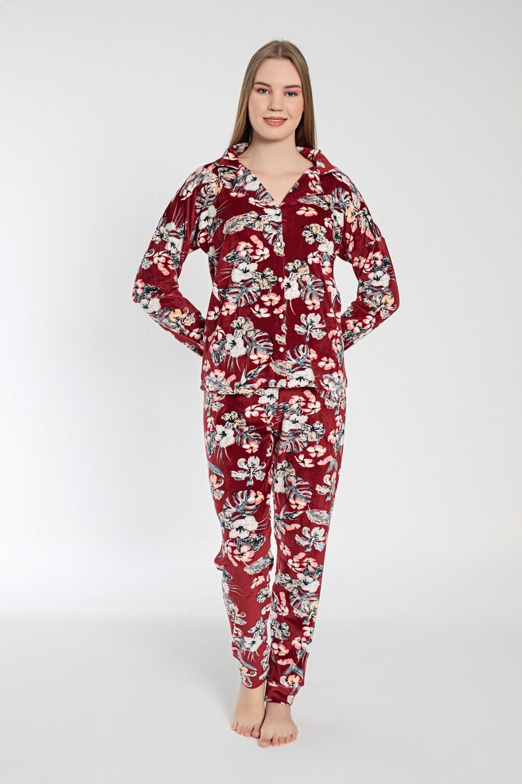 Pijamoni Kadın Önü Komple Düğmeli Kadife Pijama Takım