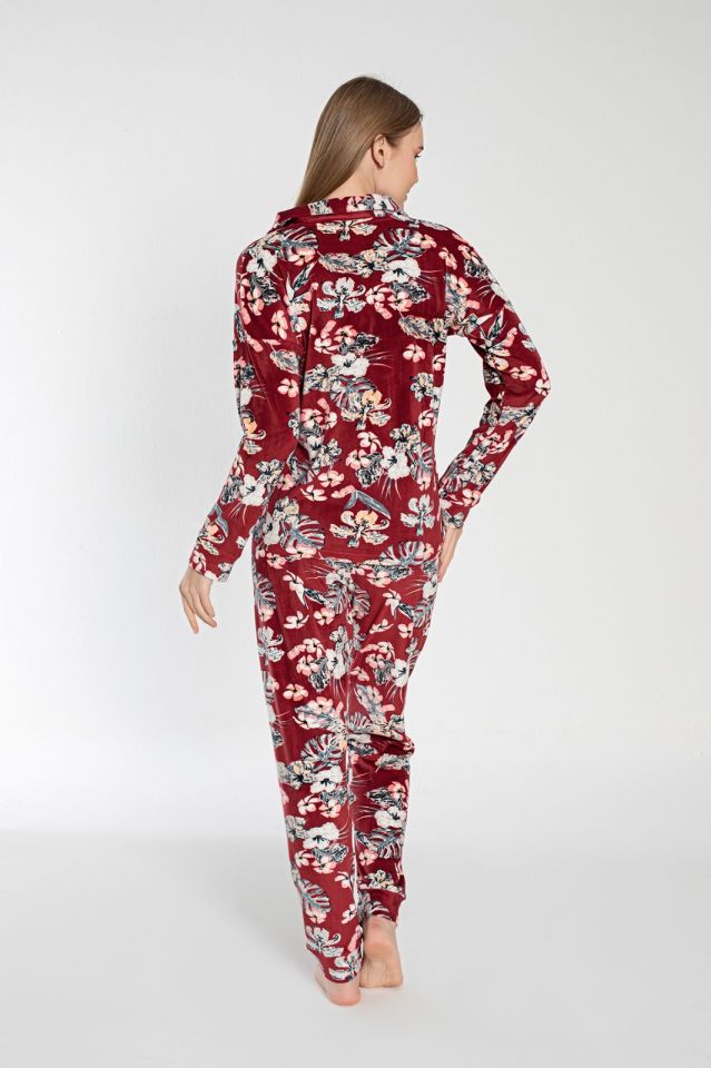 Pijamoni Kadın Önü Komple Düğmeli Kadife Pijama Takım