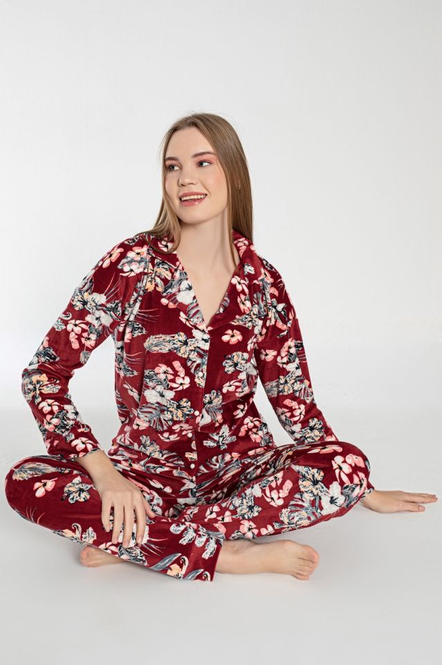 Pijamoni Kadın Önü Komple Düğmeli Kadife Pijama Takım
