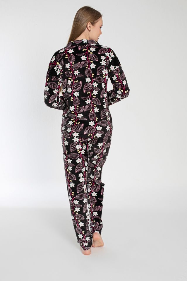 Pijamoni Kadın Önü Komple Düğmeli Kadife Pijama Takım
