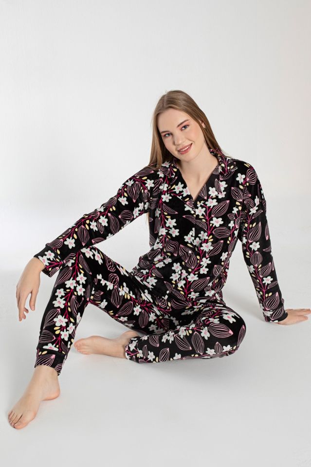 Pijamoni Kadın Önü Komple Düğmeli Kadife Pijama Takım