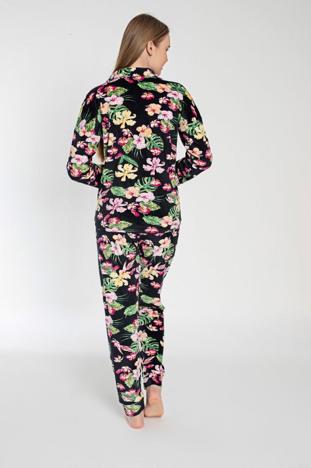 Pijamoni Kadın Önü Komple Düğmeli Kadife Pijama Takım