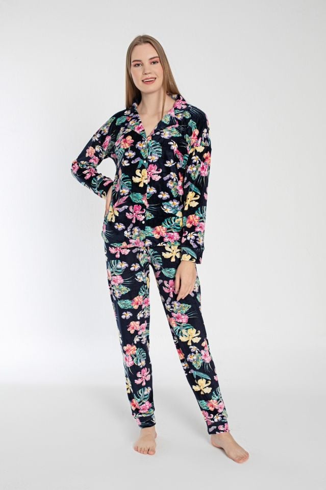Pijamoni Kadın Önü Komple Düğmeli Kadife Pijama Takım