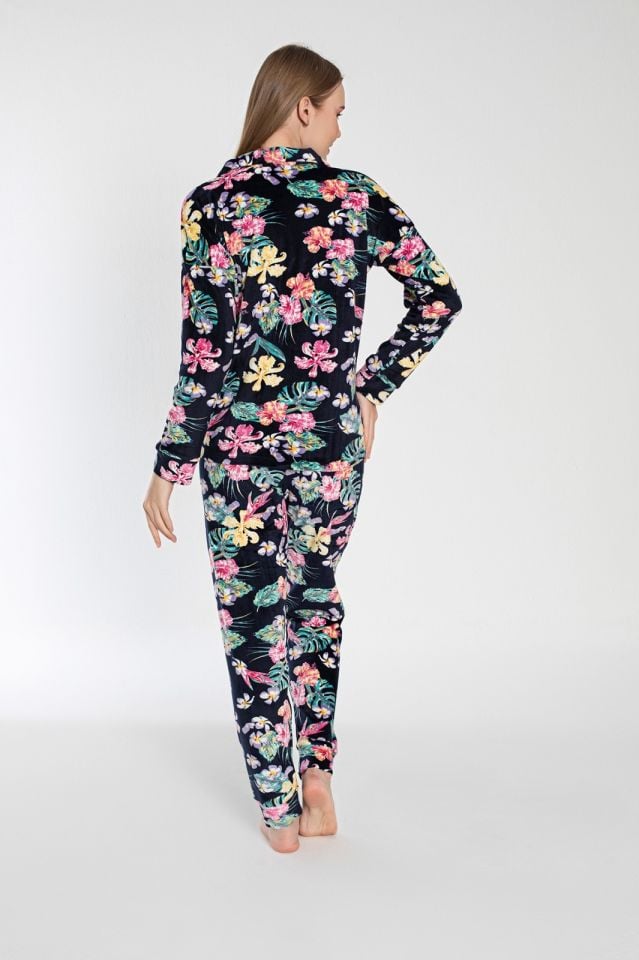 Pijamoni Kadın Önü Komple Düğmeli Kadife Pijama Takım