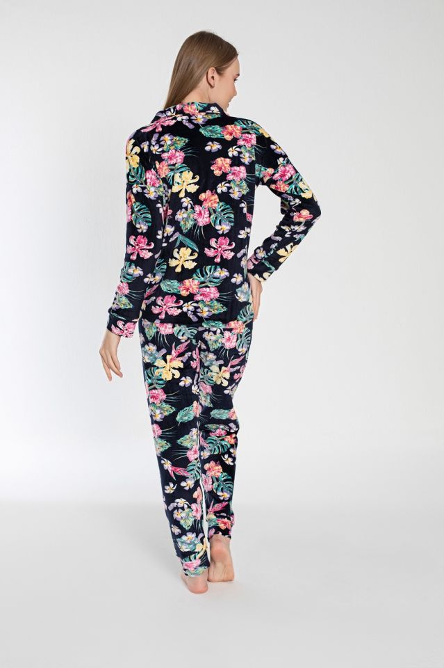 Pijamoni Kadın Önü Komple Düğmeli Kadife Pijama Takım