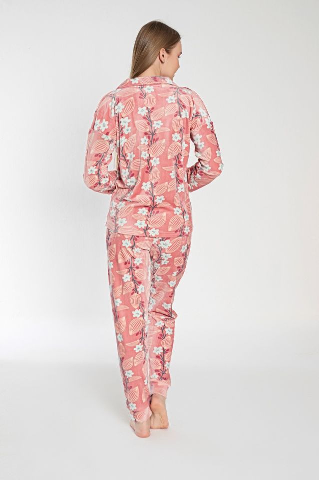 Pijamoni Kadın Önü Komple Düğmeli Kadife Pijama Takım