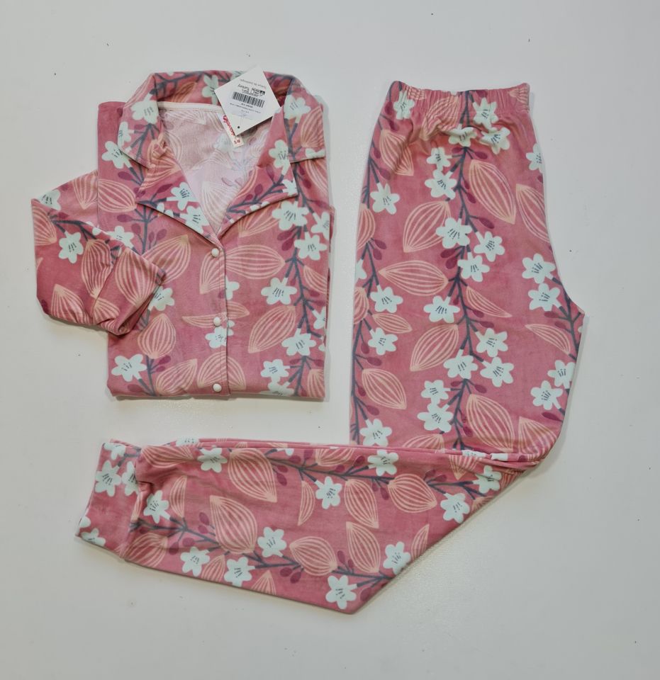 Pijamoni Kadın Önü Komple Düğmeli Kadife Pijama Takım