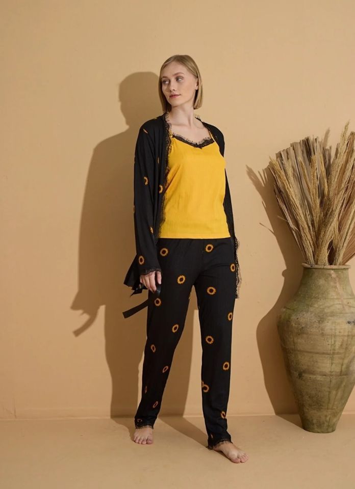 Pijamoni Kaşkorse Kumaş Sabahlıklı Pijama Takımı