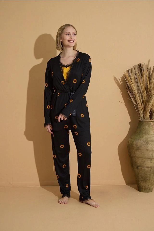 Pijamoni Kaşkorse Kumaş Sabahlıklı Pijama Takımı