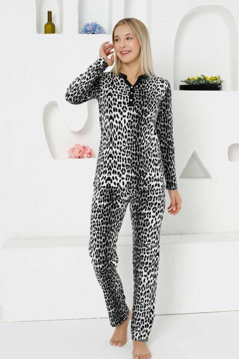 Kadın Leopar Uzun Kol Kadın Pijama Takım