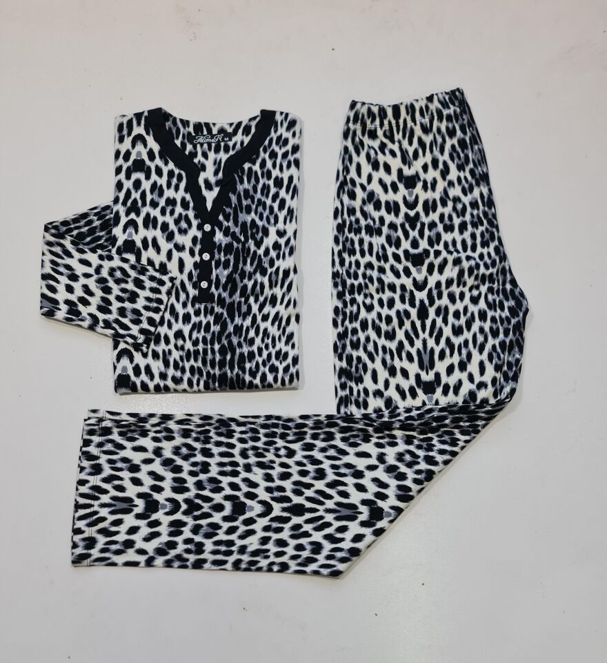 Kadın Leopar Uzun Kol Kadın Pijama Takım