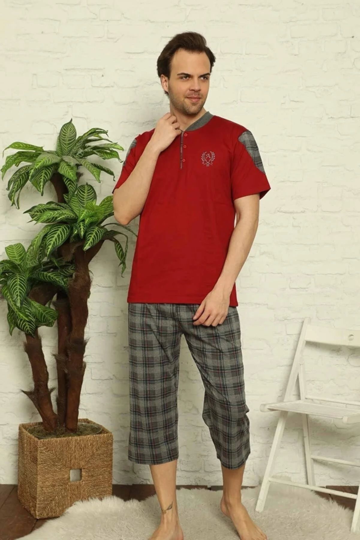 Alimer Kısa Kol Yazlık Erkek Kapri Pijama Takım