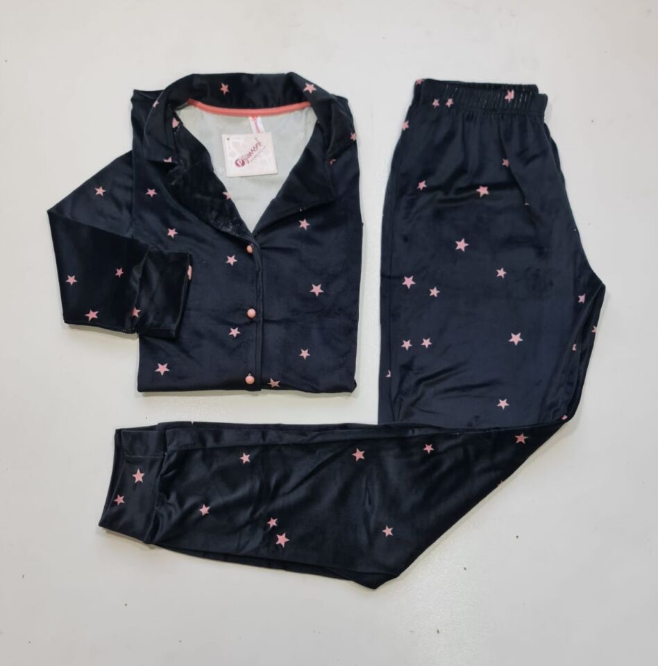 Pijamoni Kadın Önü Komple Düğmeli Siyah Kadife Pijama Takım