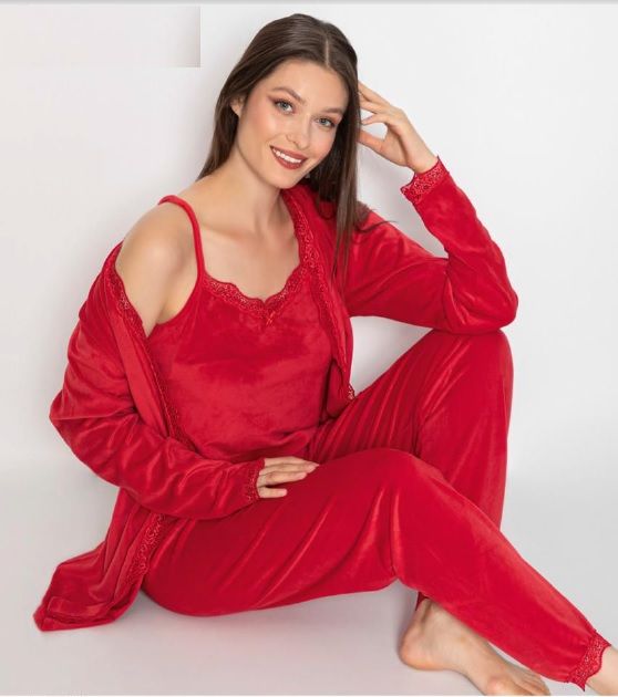 Pijamoni Kadın Kadife Üçlü Pijama Takım