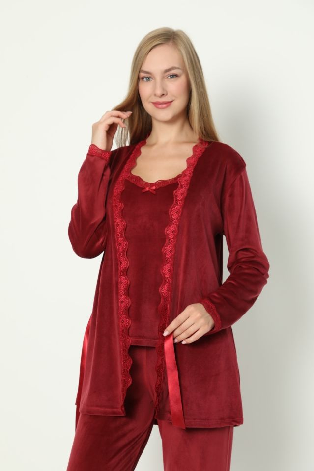 Pijamoni Kadın Kadife Üçlü Pijama Takım