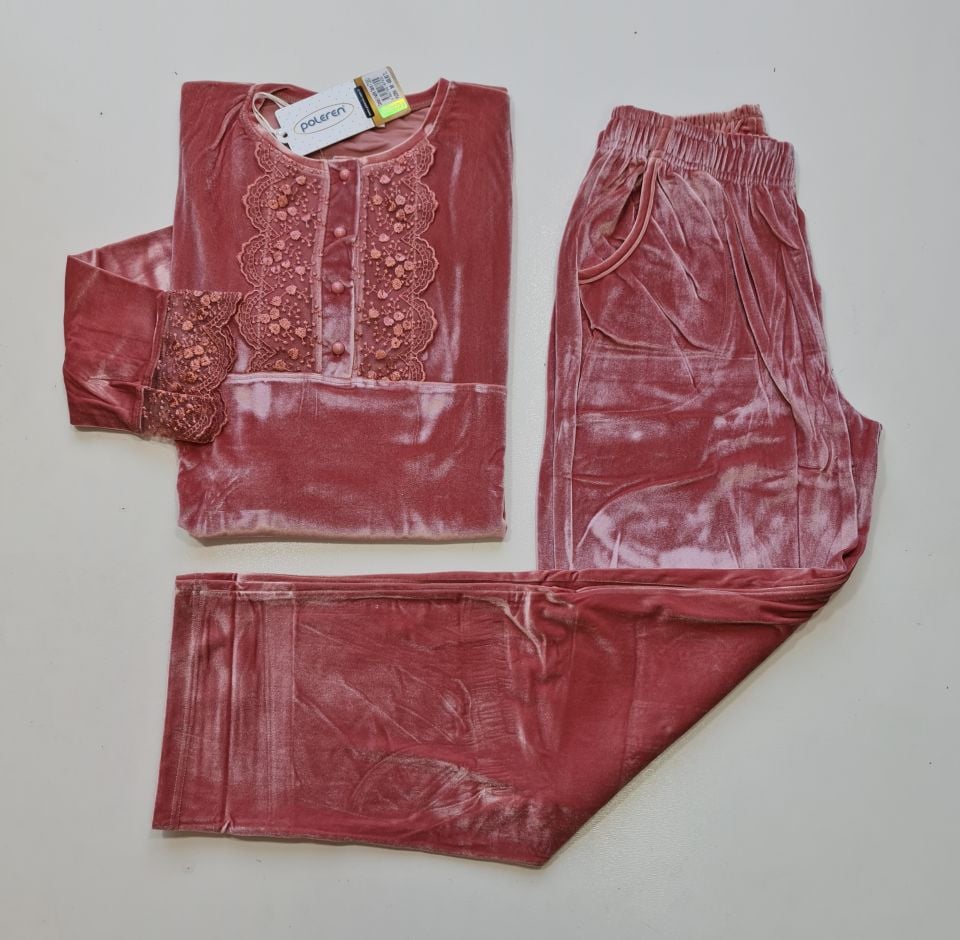 Poleren Uzun Kol Kışlık Kadın Kadife Pijama Takım