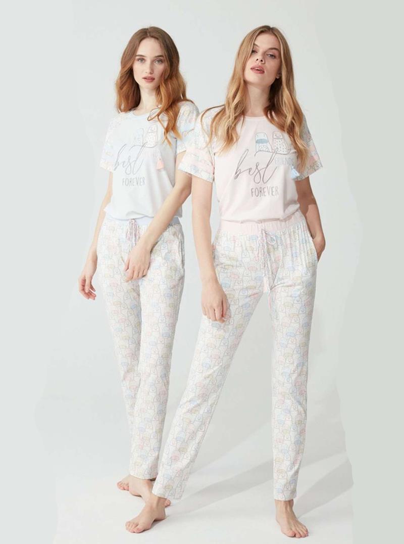 Feyza Yazlık Kısa Kol Mavi Kadın Pijama Takım