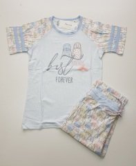 Feyza Yazlık Kısa Kol Mavi Kadın Pijama Takım