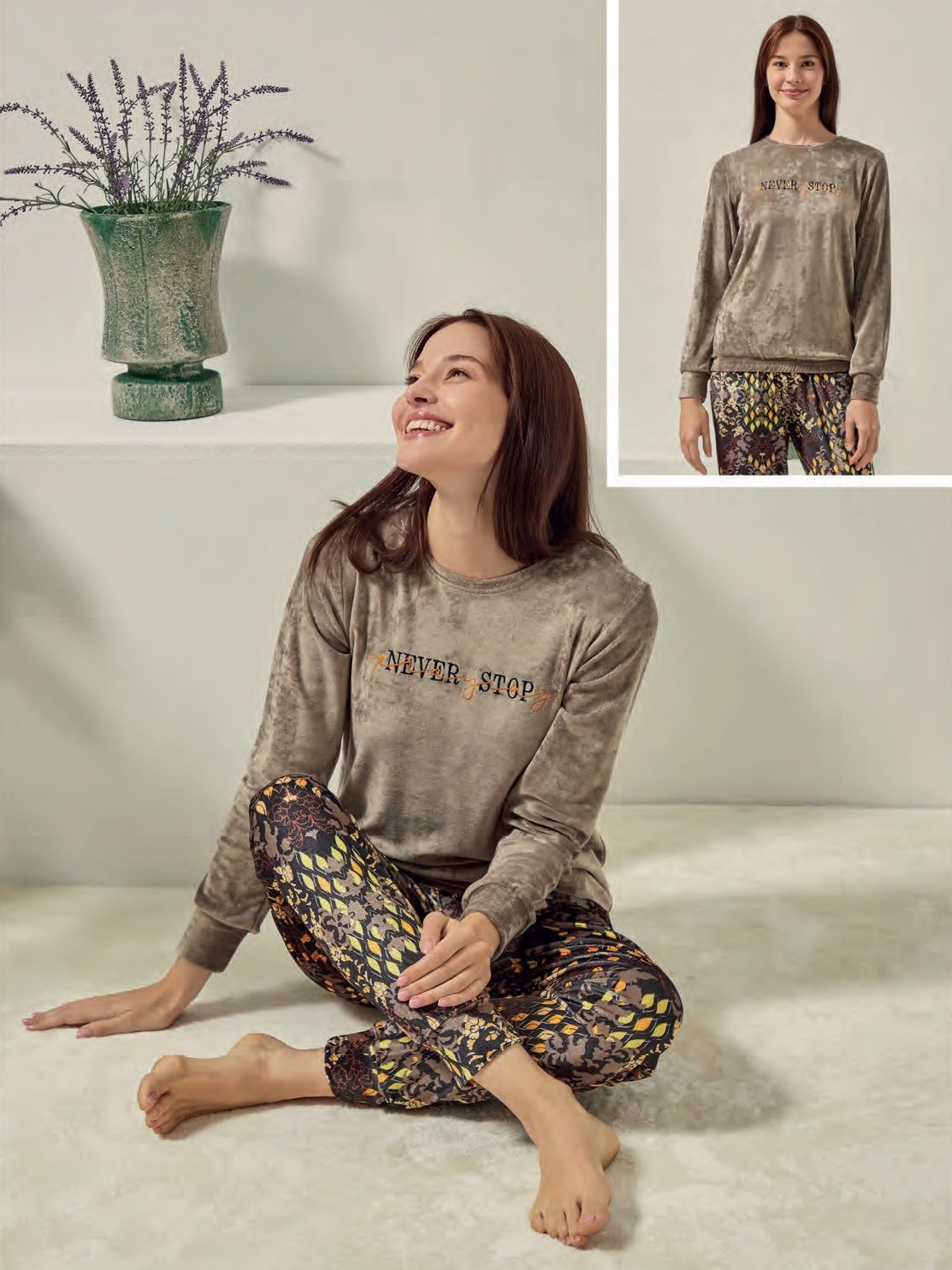 Poleren Uzun Kol Kışlık Kadın Kadife Pijama Takım
