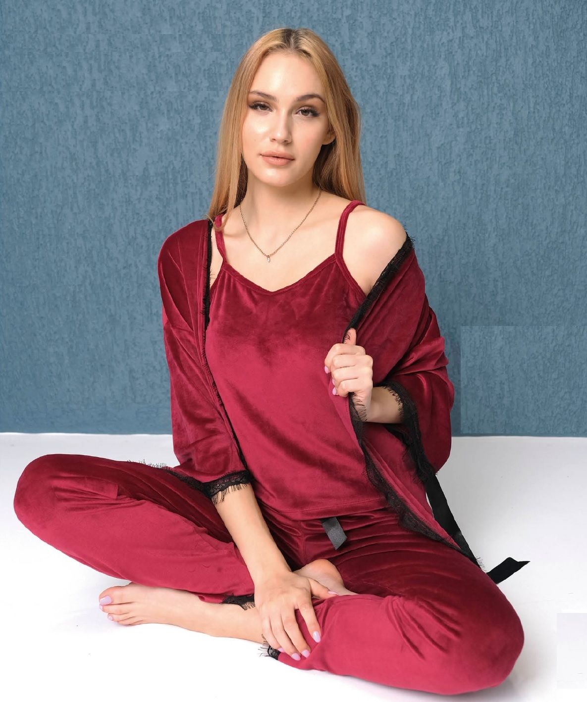 Mihra Kadın Kadife Üçlü Pijama Takım