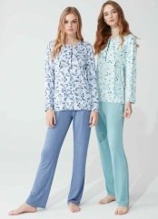 Feyza Yazlık Uzun Kol Mavi Kadın Pijama Takım
