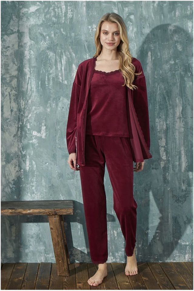 Mihra Kadın Kadife Üçlü Pijama Takım