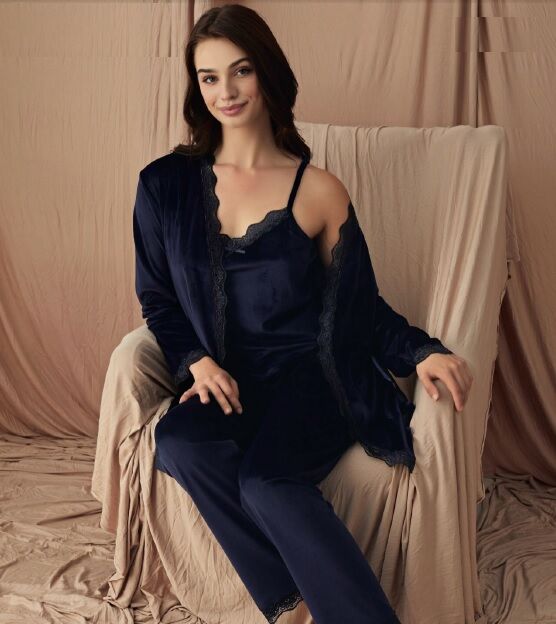 Pijamoni Kadın Kadife Üçlü Pijama Takım