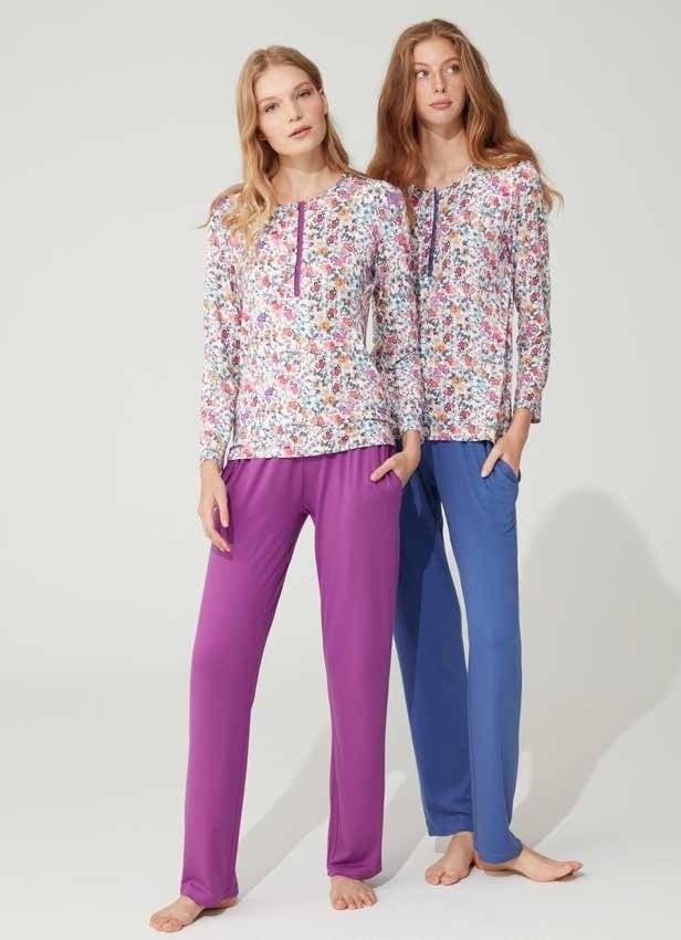 Feyza Yazlık Uzun Kol Mavi Kadın Pijama Takım