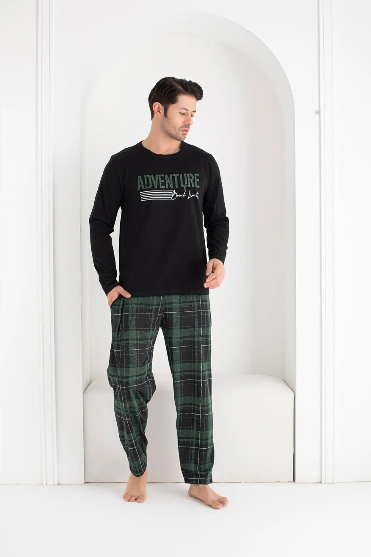 Pijamoni Uzun Kol Yazlık Erkek Pijama Takım