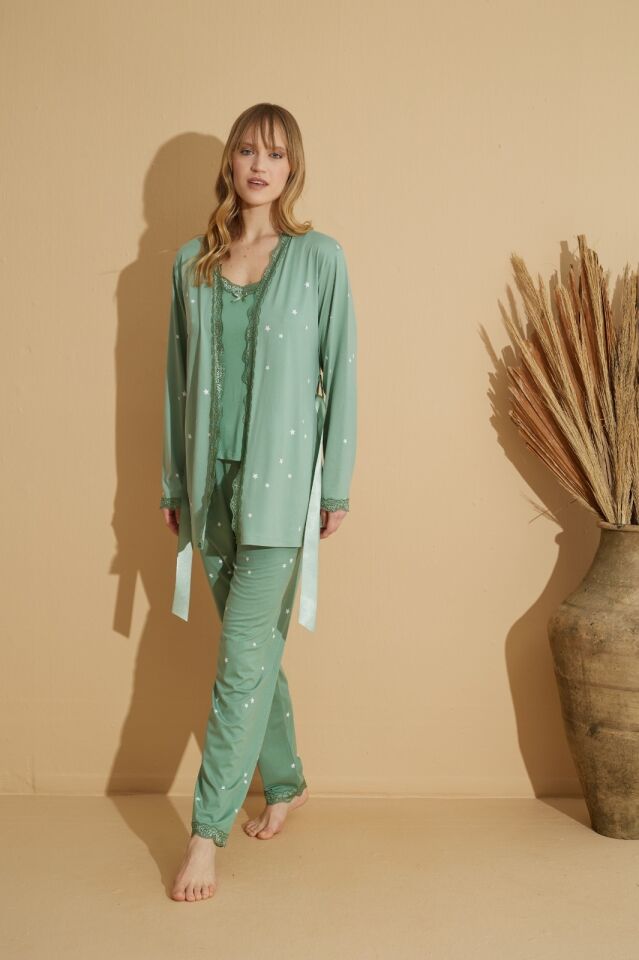 Pijamoni Milan Kumaş Sabahlıklı Pijama Takımı