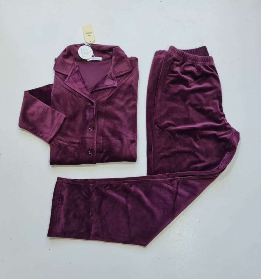 Senfoni Kadın Önü Düğmeli Kadife Pijama Takım