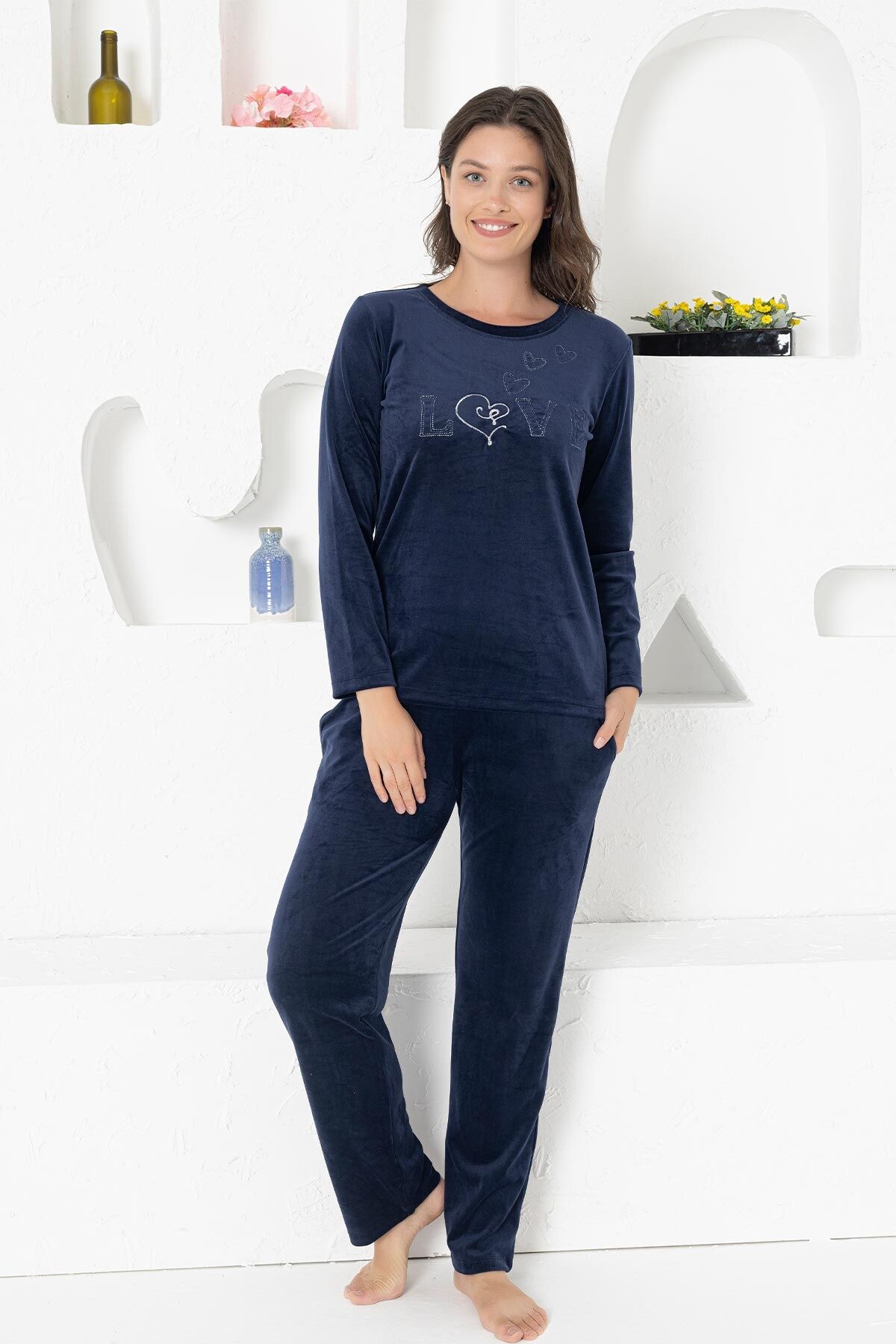 Alimer Kadın Lacivert Kadife Pijama Takım