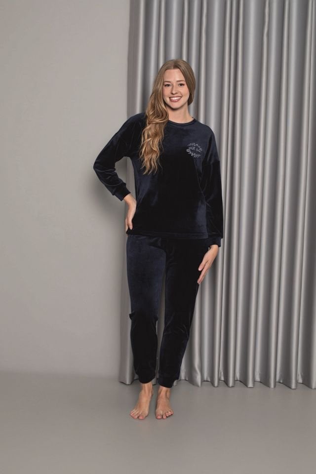 Senfoni Kadın Sıfır Yaka Lacivert Manşetli Kadife Pijama Takım