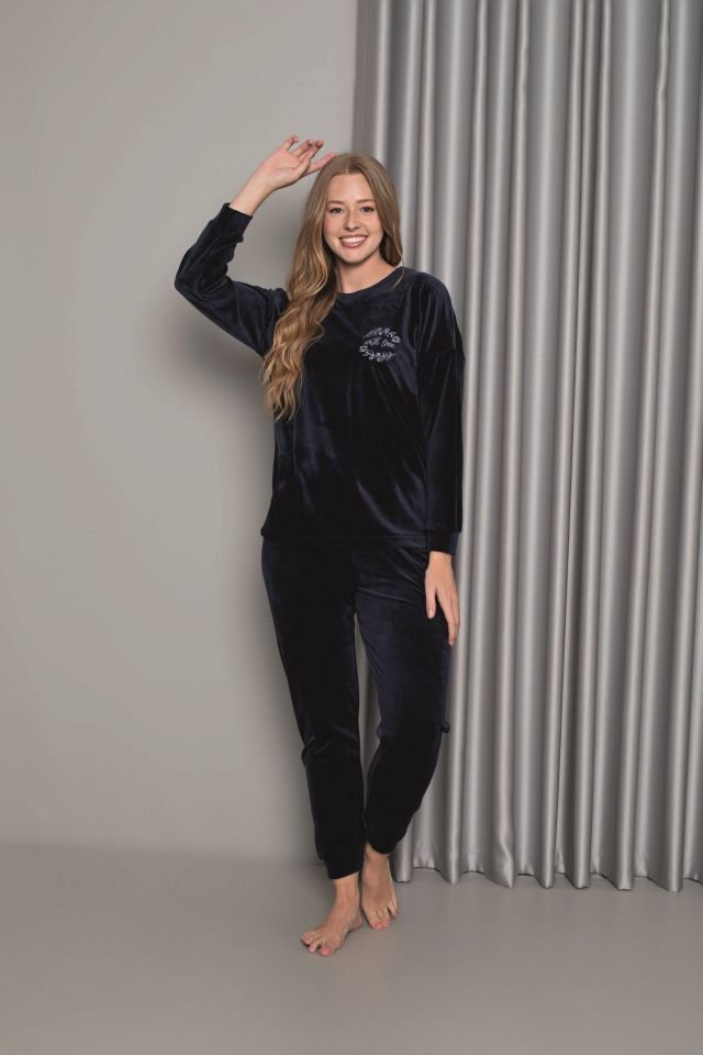 Senfoni Kadın Sıfır Yaka Lacivert Manşetli Kadife Pijama Takım