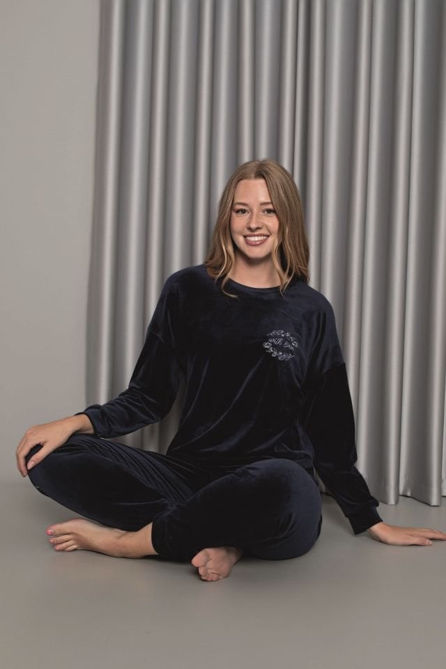Senfoni Kadın Sıfır Yaka Lacivert Manşetli Kadife Pijama Takım