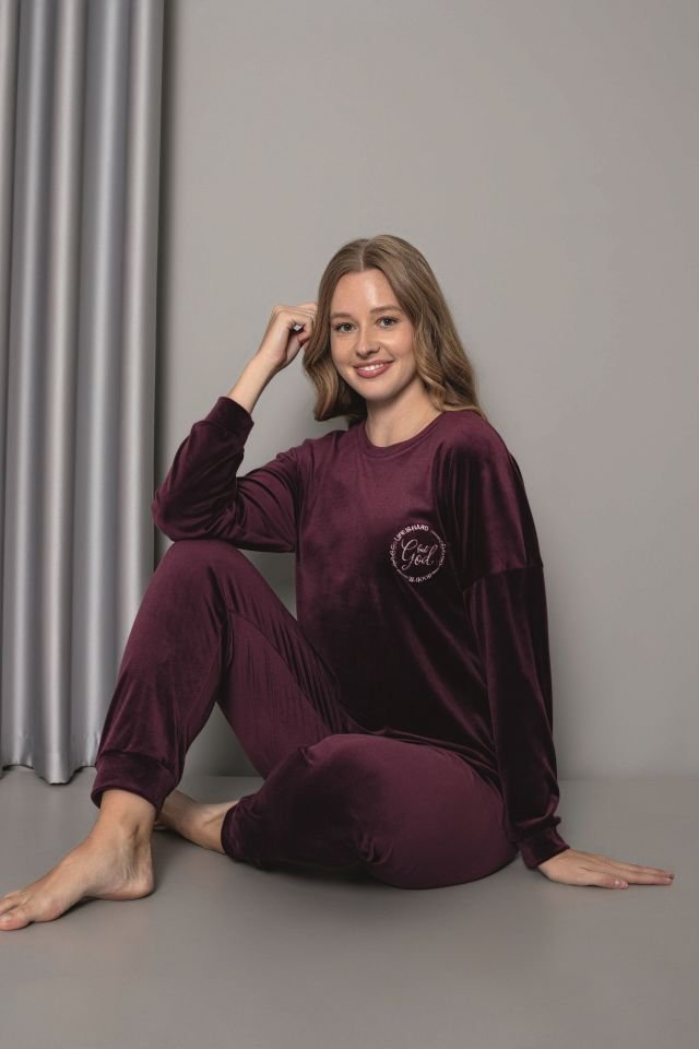 Senfoni Kadın Sıfır Yaka Mor Manşetli Kadife Pijama Takım