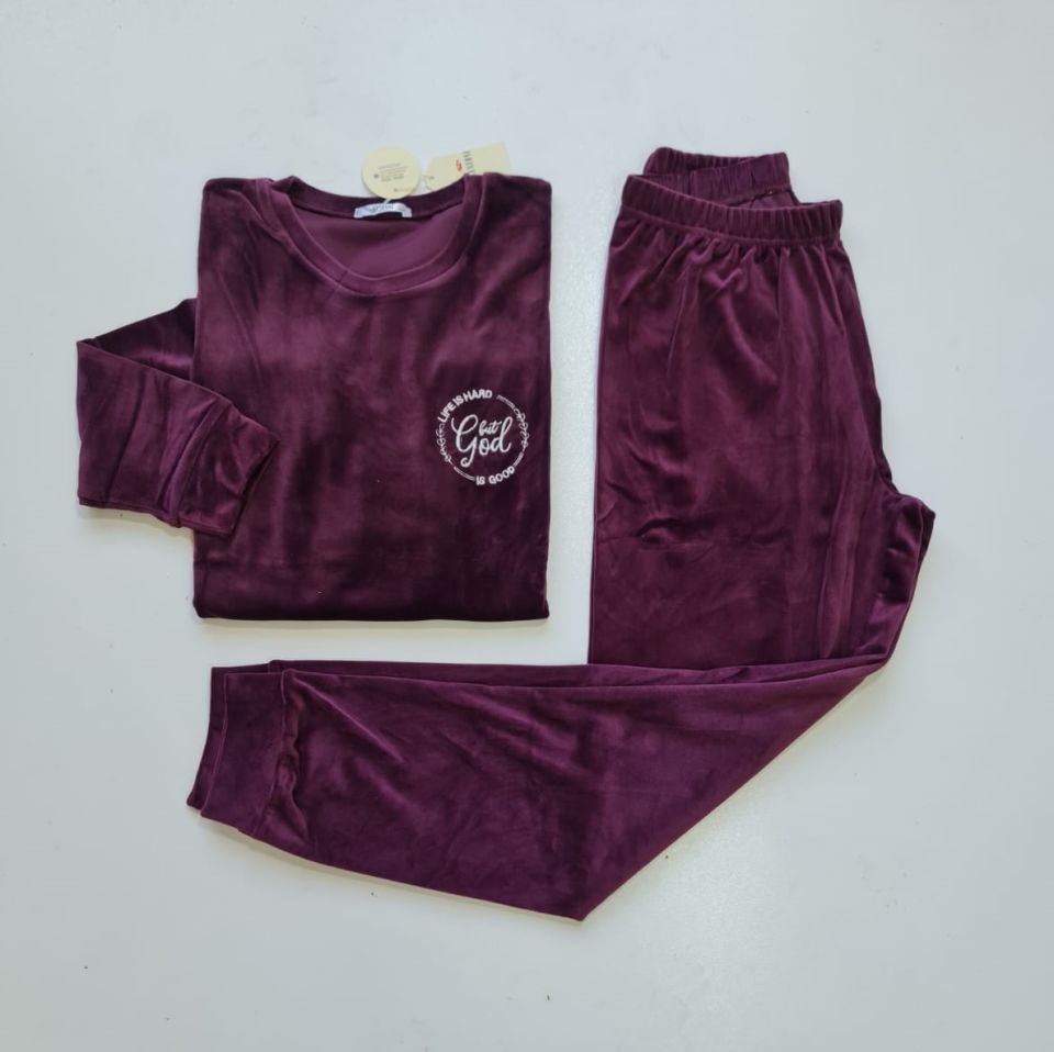 Senfoni Kadın Sıfır Yaka Mor Manşetli Kadife Pijama Takım