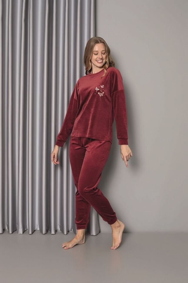 Senfoni Kadın Sıfır Yaka Bordo Manşetli Kadife Pijama Takım