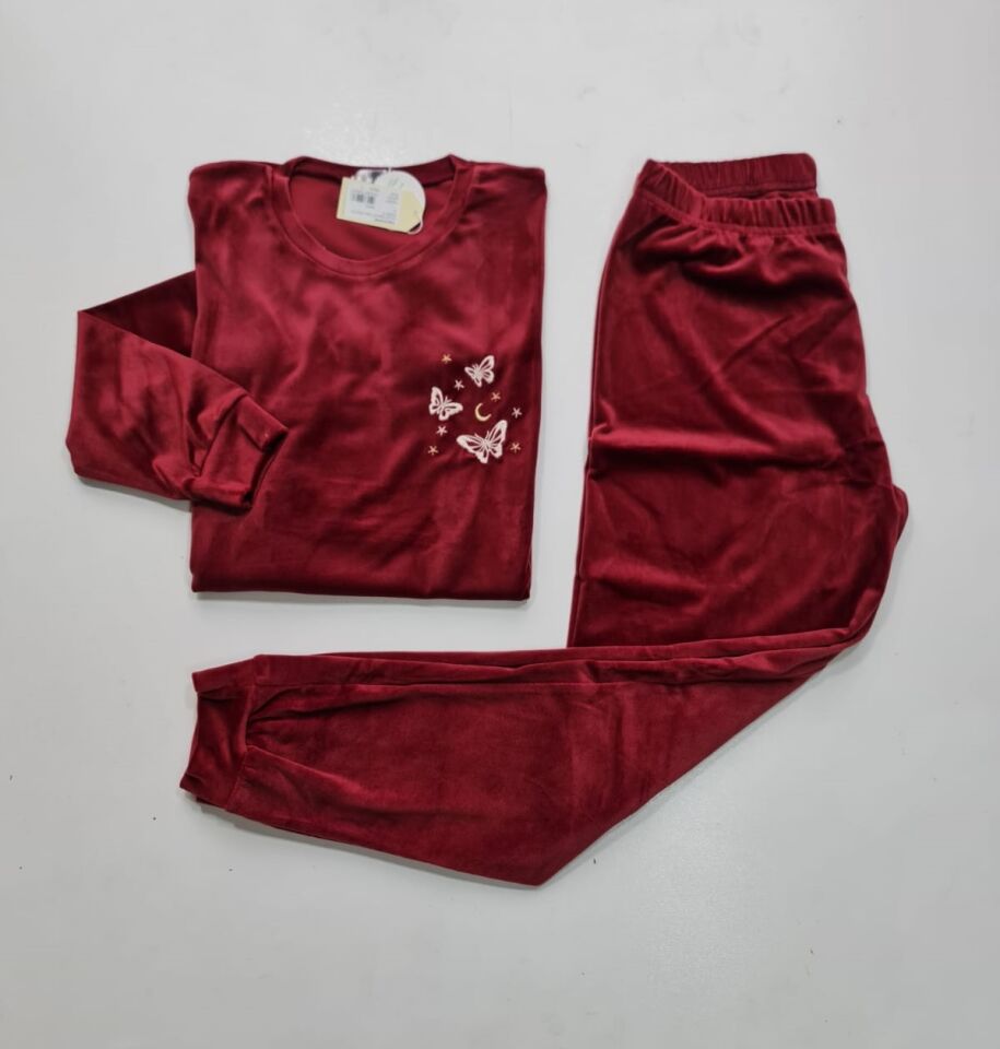 Senfoni Kadın Sıfır Yaka Bordo Manşetli Kadife Pijama Takım
