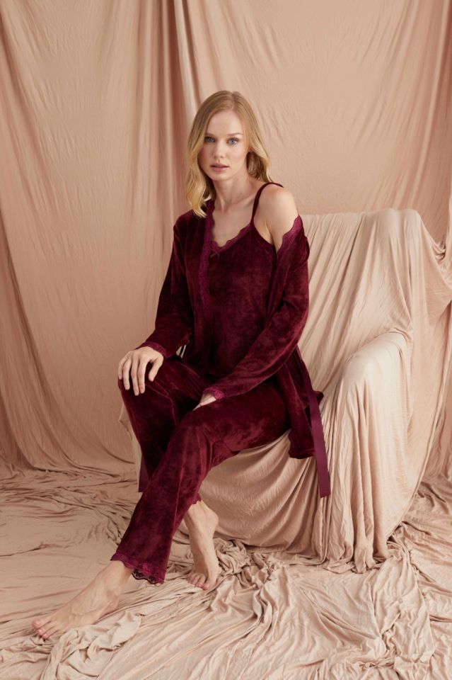 Pijamoni Kadın Kadife Üçlü Pijama Takım