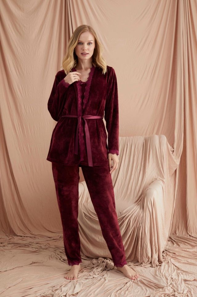Pijamoni Kadın Kadife Üçlü Pijama Takım