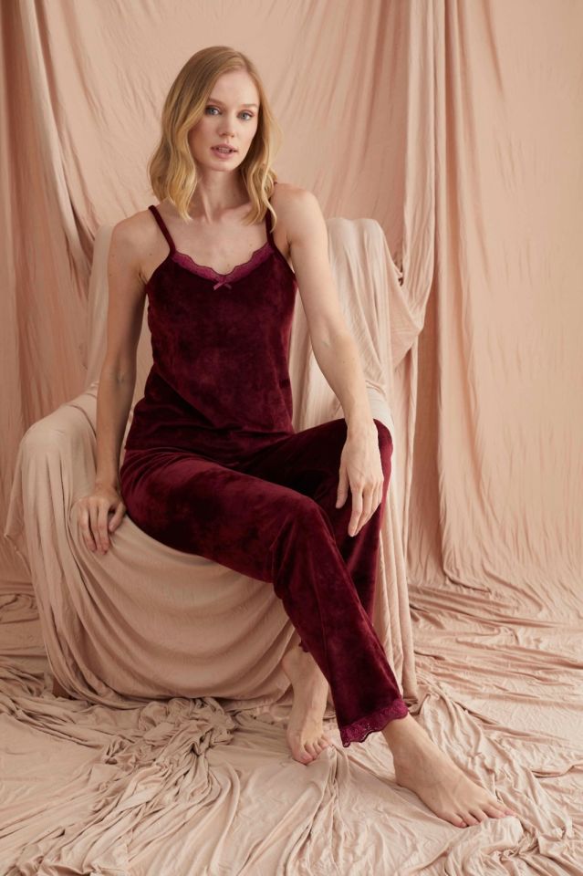 Pijamoni Kadın Kadife Üçlü Pijama Takım