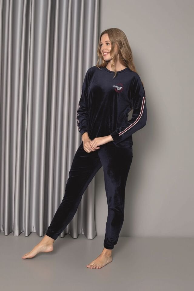 Senfoni Kadın Sıfır Yaka Lacivert Manşetli Kadife Pijama Takım