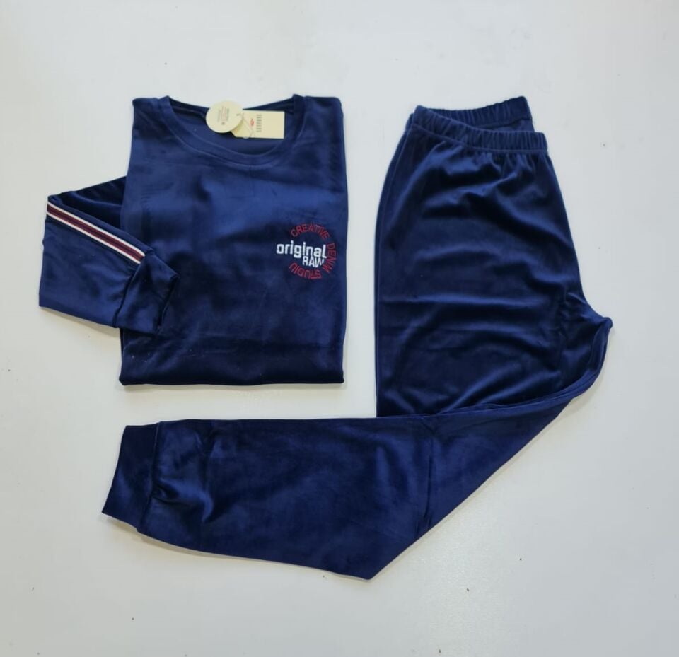 Senfoni Kadın Sıfır Yaka Lacivert Manşetli Kadife Pijama Takım