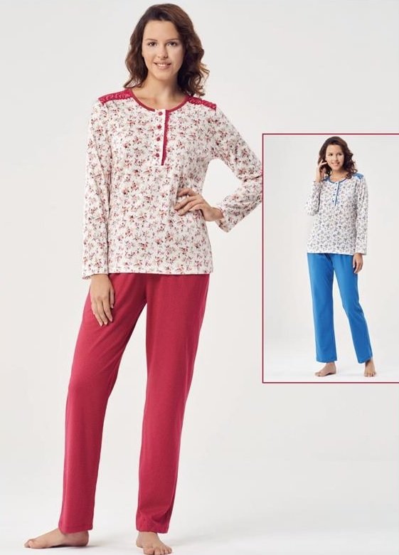 Pijadore Mavi Uzun Kol Yazlık Kadın Pijama Takım