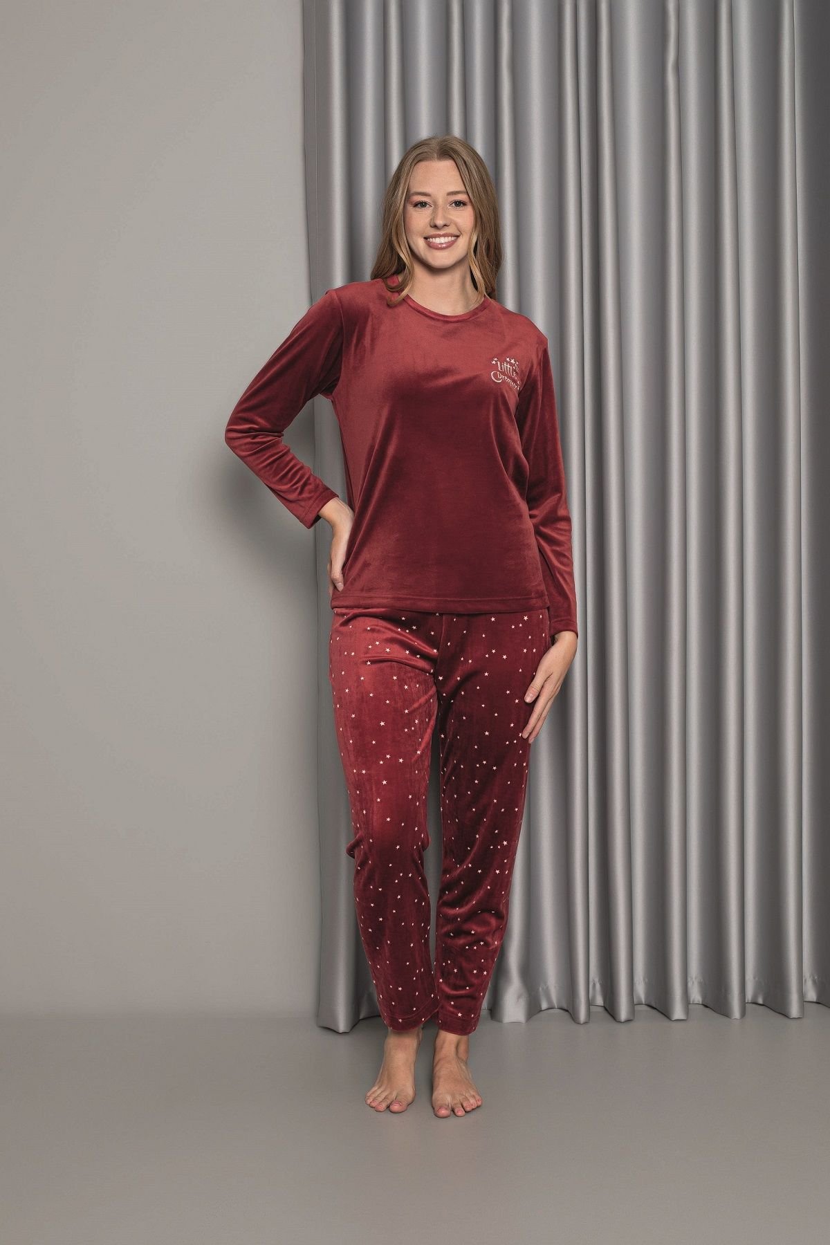 Senfoni Kadın Sıfır Yaka Bordo Altı Yıldızlı Kadife Pijama Takım