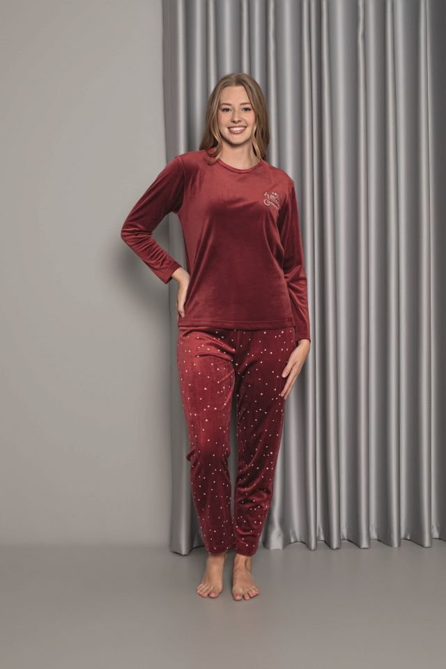 Senfoni Kadın Sıfır Yaka Bordo Altı Yıldızlı Kadife Pijama Takım