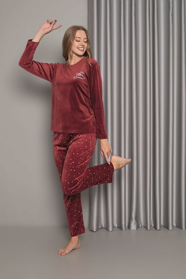 Senfoni Kadın Sıfır Yaka Bordo Altı Yıldızlı Kadife Pijama Takım